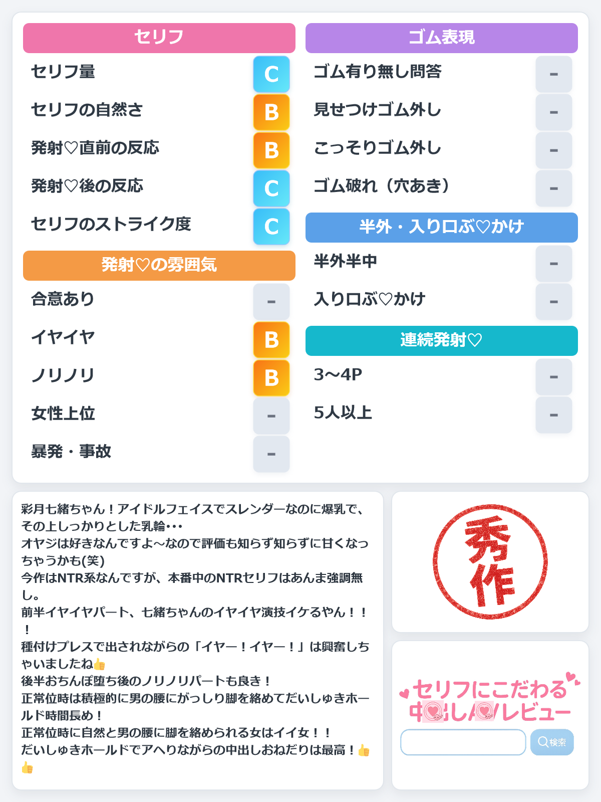 優しさこぼれ落ちるほどの超乳彼女がDQNな先輩に寝取られ種付けプレスされていた。 彩月七緒 レビュー評価シート